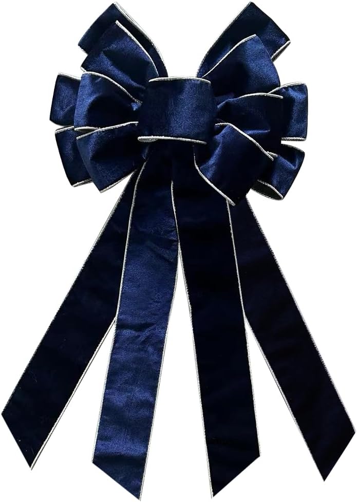 CHMOART Store Christmas Wreath Bow 20 x 11 Inches Large Christmas Bows Silver Trimmed Blue Velvet Bow Winter Farmhouse Bow Xmas Tree Topper Ornament Bow for Home Front Door Decorations - Image 1